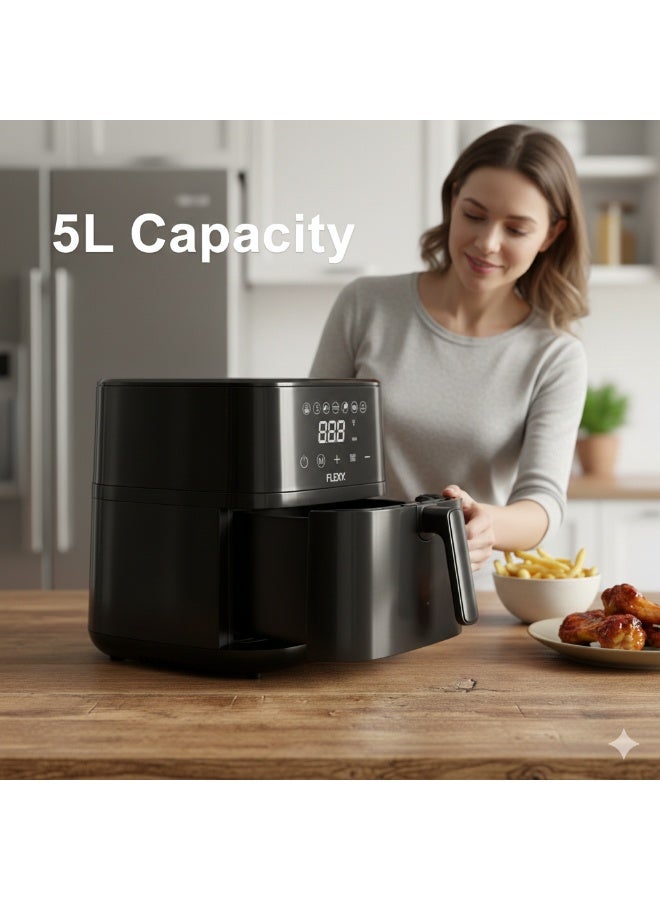 فليكسي مقلاة هوائية رقمية فليكسي سعة 5 لترات، 1500 واط، 7 وظائف في جهاز واحد، تسخين بزاوية 360 درجة، طهي بدون زيت، لوحة تحكم تعمل باللمس، إعدادات مسبقة، نافذة عرض، موفرة للطاقة، ضمان لمدة عامين - Image 4